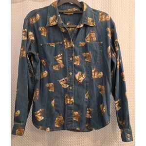 Vintage Liz Claiborne Lizwear Horse Pattern Print Denim Blue Jean Button Shirt M